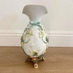 Vintage Vista Alegre Porcelain Vases V.A. Portugal Ivy And Blue Ribbon 12” AS IS